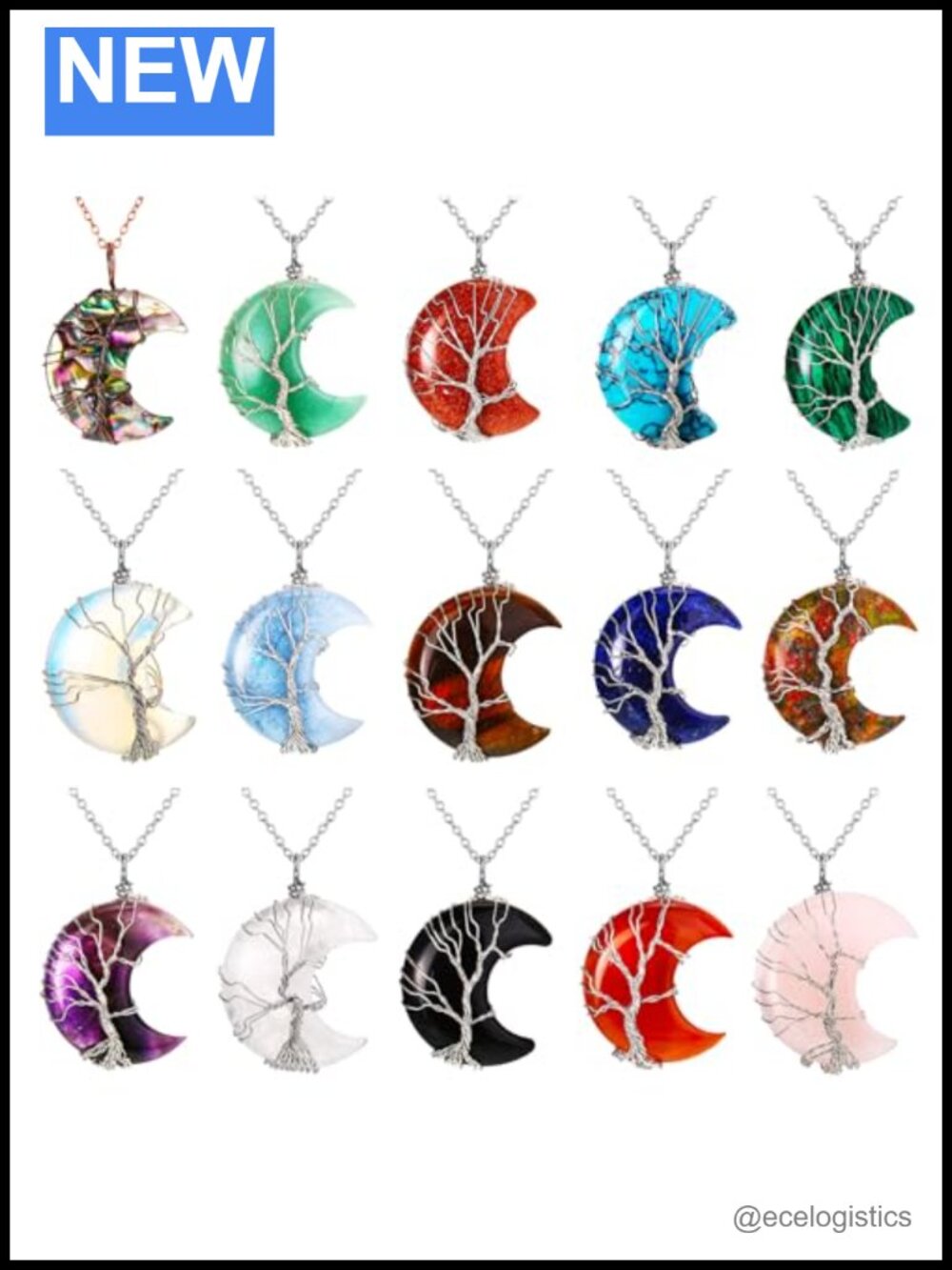 15 Pc Life Tree Crescent Moon Necklace Wire Wrap Natural Stone Pendant Set